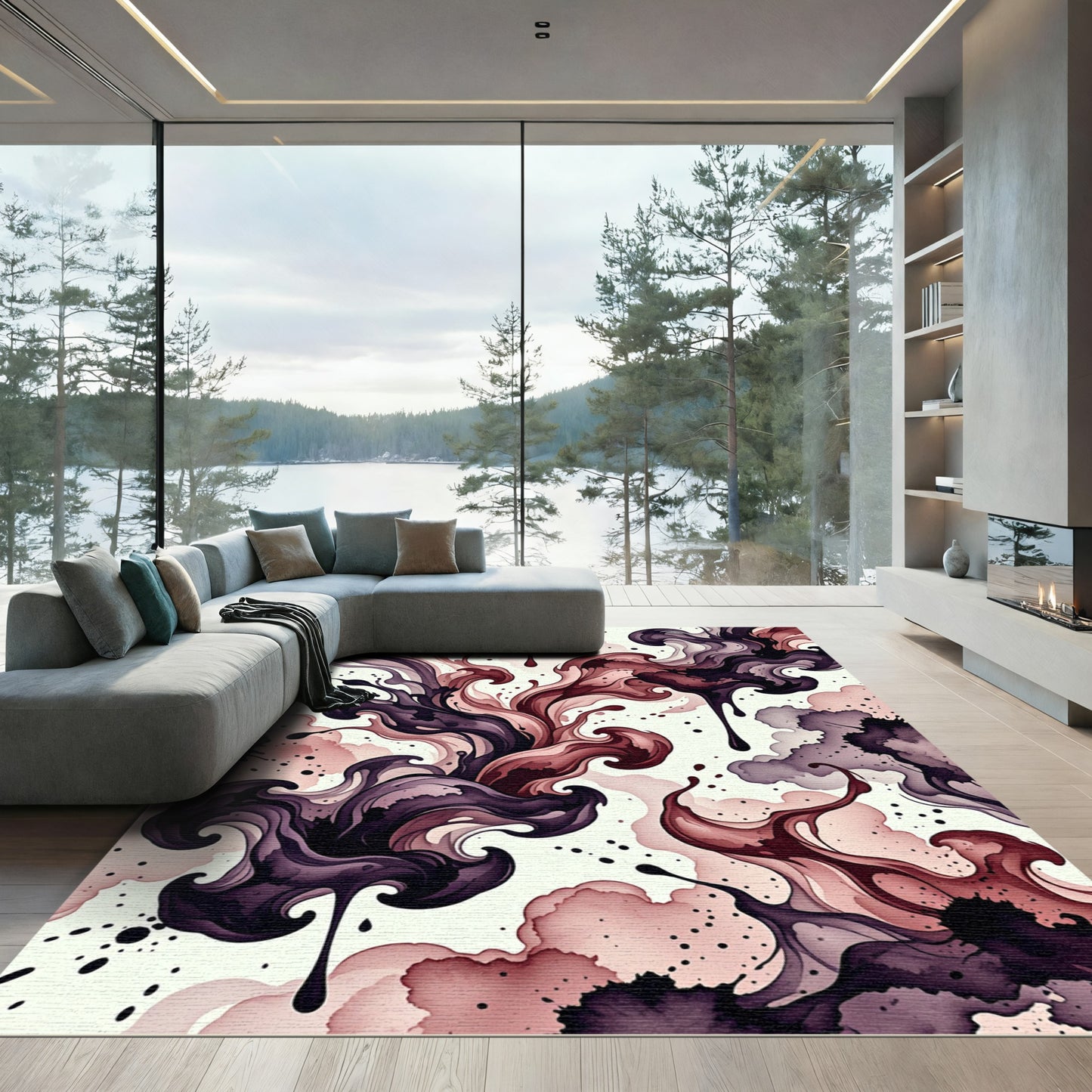 Moody Ink Wash Swirl Abstract Art Rug