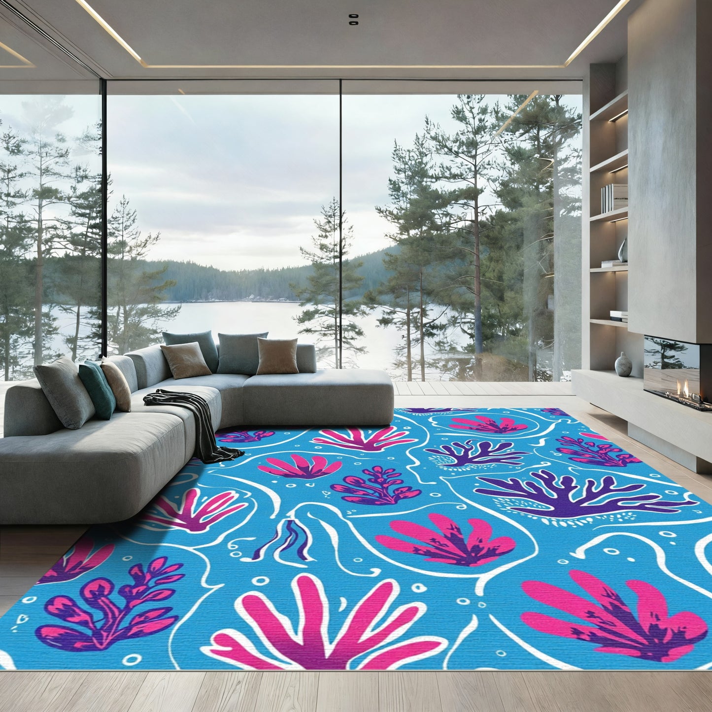 Vibrant Coral Pink Purple Sea Life Rug