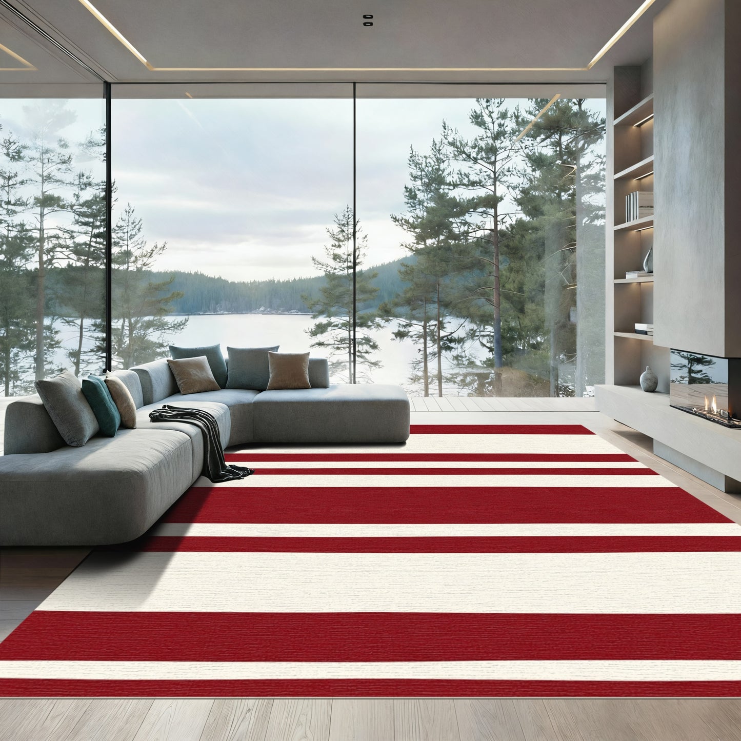 Deep Red Cream Stripe Area Rug