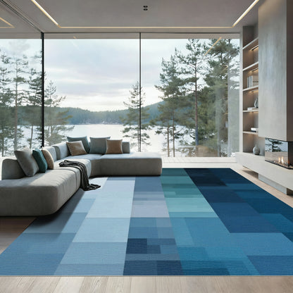 Modern Blue Geometric Gradient Blocks Rug