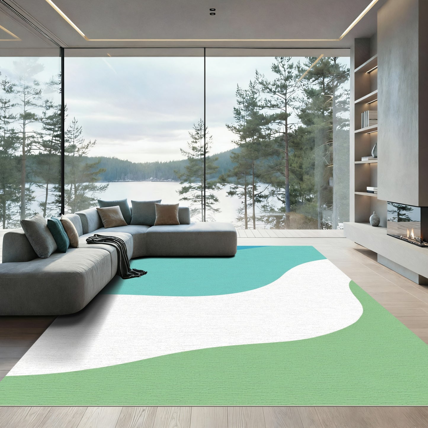 Abstract Blue Green Wave Landscape Rug
