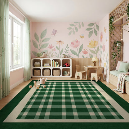 Green and White Checkered Border Rug