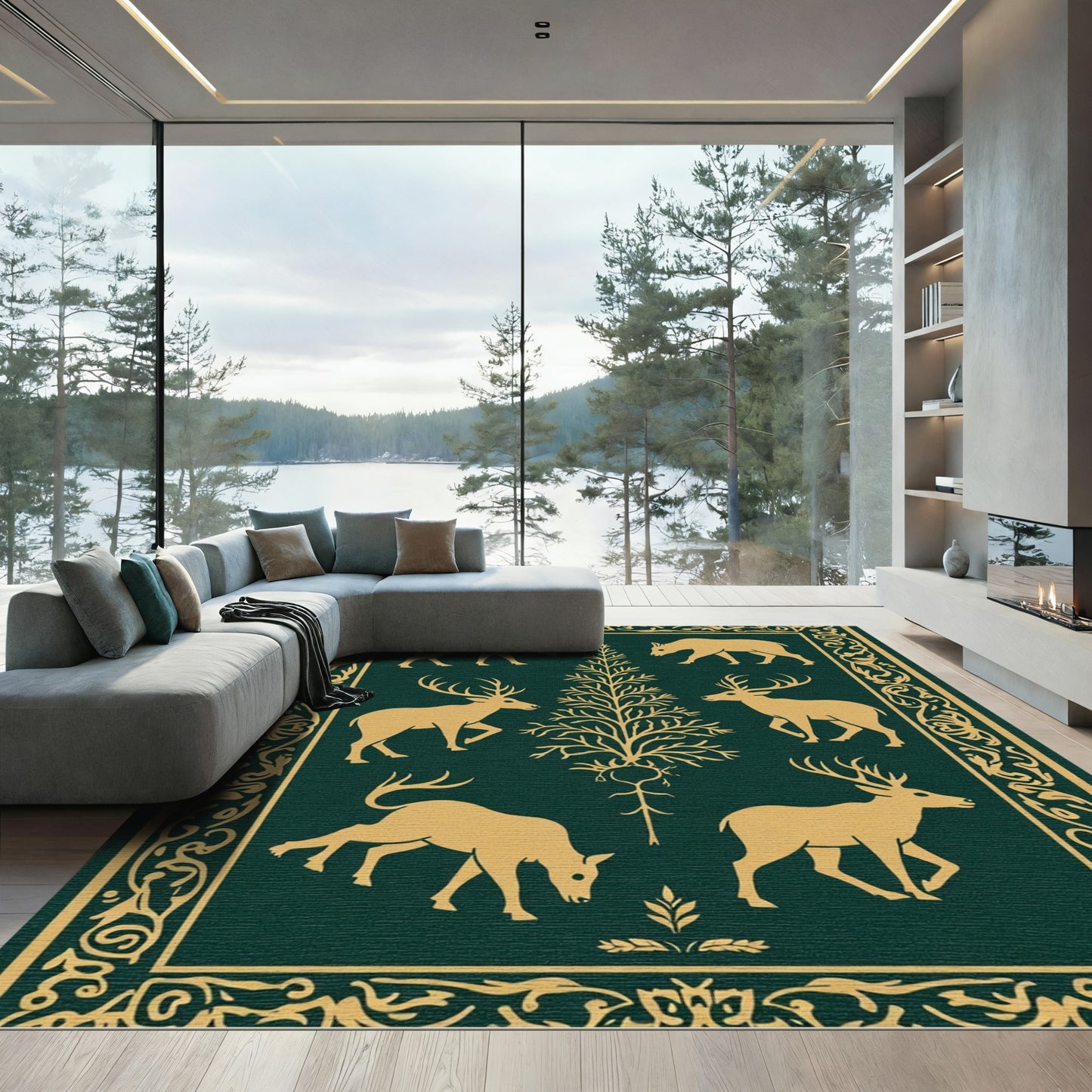 Golden Woodland Creatures Forest Scene Rug