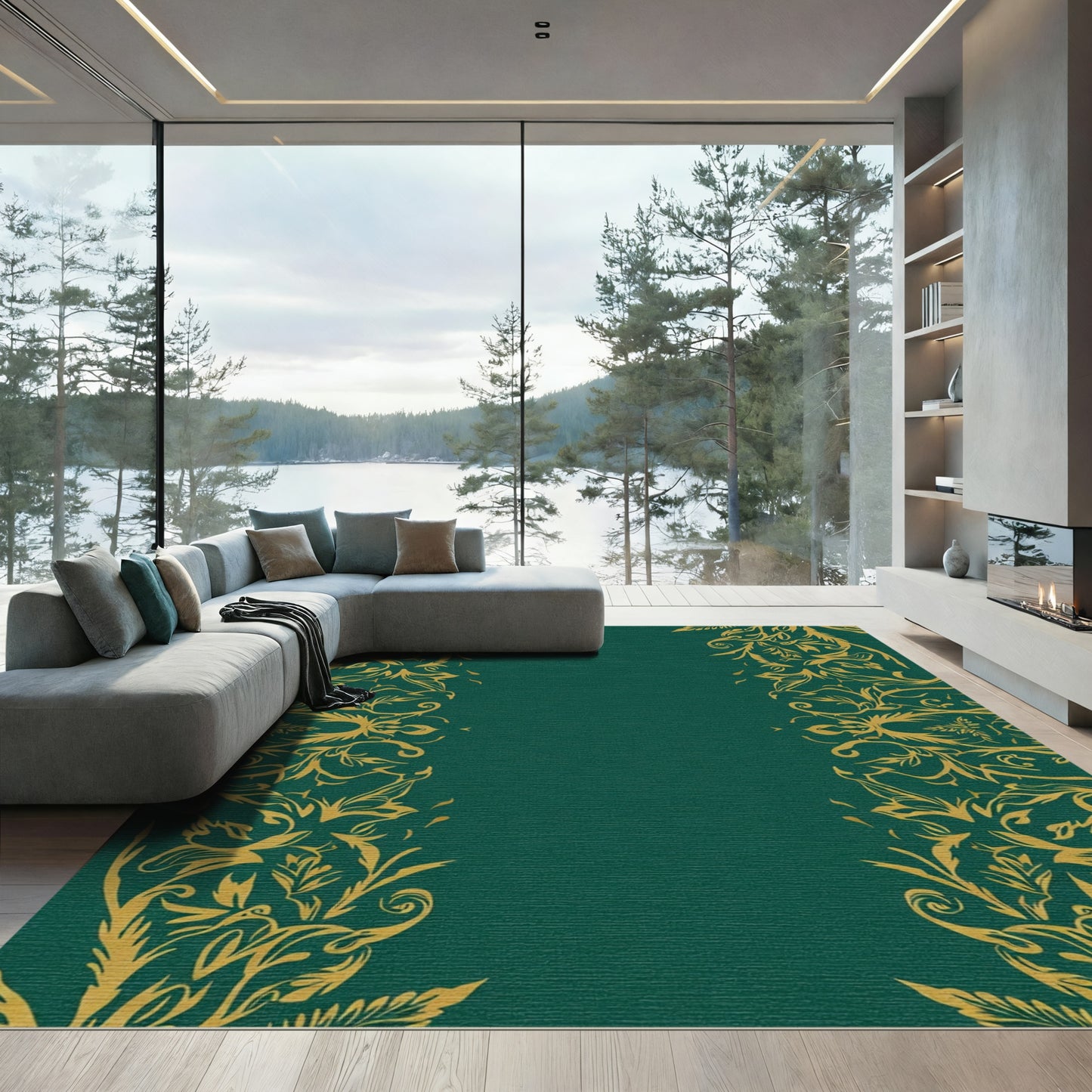 Golden Baroque Vine Damask Rug