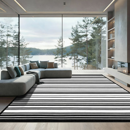 Bold Black White Stripe Horizontal Rug