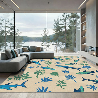 Ocean Blue Shark Leaf Pattern Rug