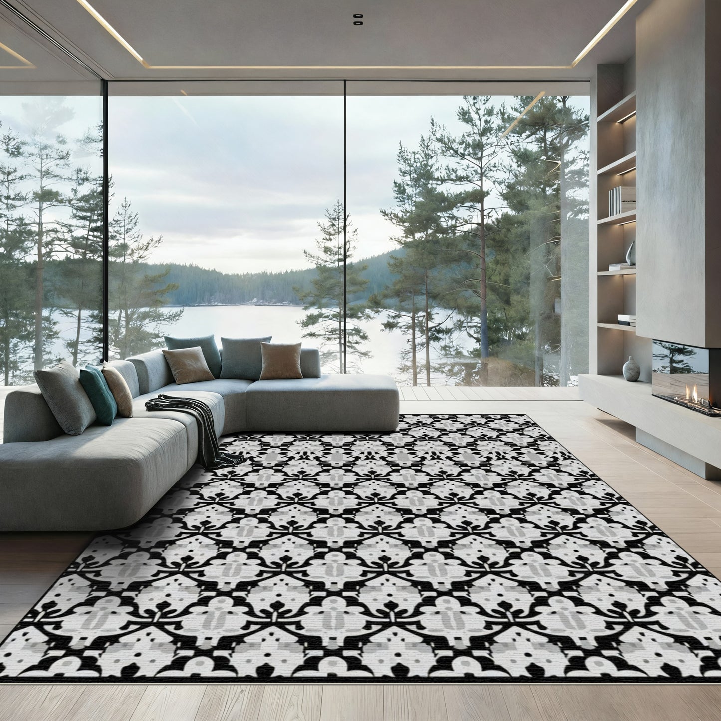 Classic Black White Damask Scroll Rug