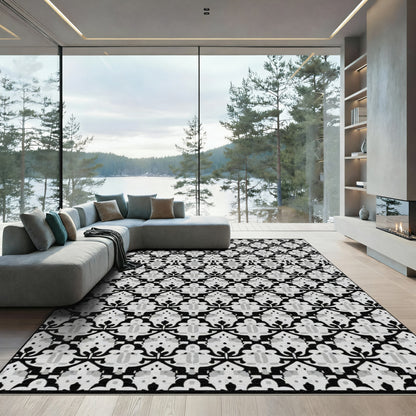 Classic Black White Damask Scroll Rug