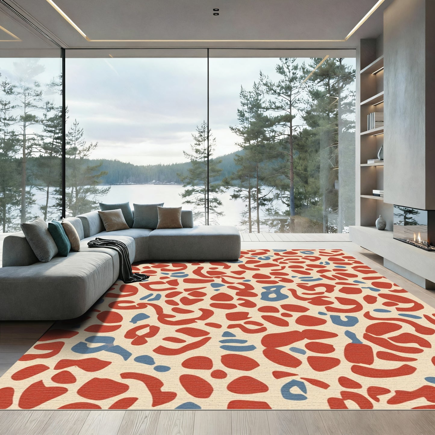 Crimson Blue Abstract Spots Rug