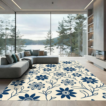 Navy Blue Floral Branch Arrangement Rug