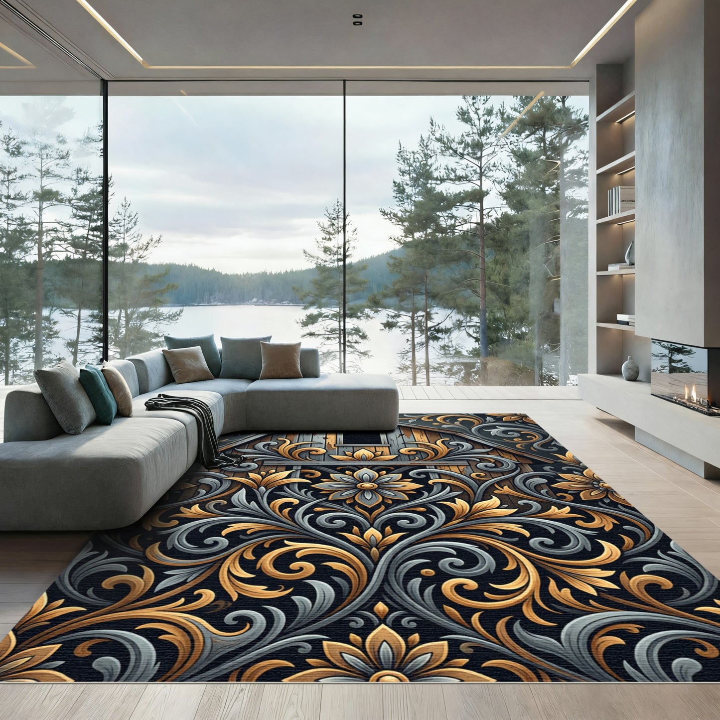 Rustic Slate Gray Gold Floral Scroll Rug
