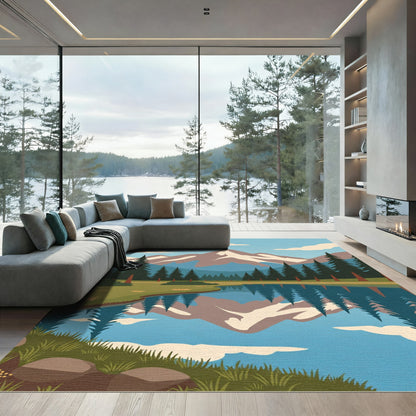 Earthy Green Forest Lake Reflection Rug