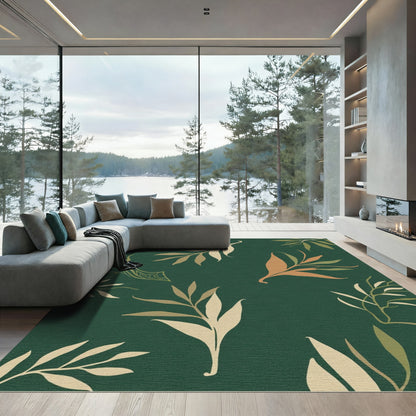 Deep Green Botanical Leaf Sprigs Rug