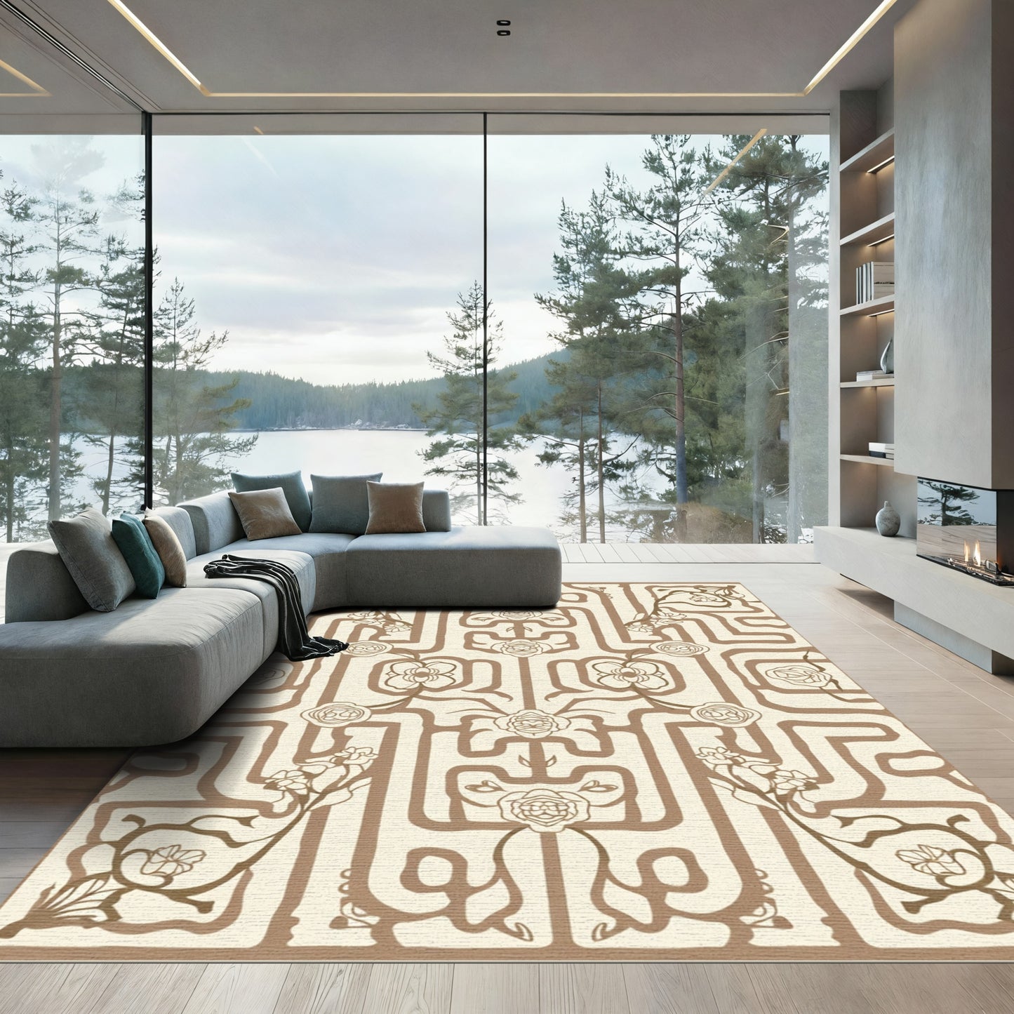Brown Maze Floral Vine Rug