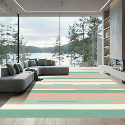 Teal Coral White Linear Stripe Rug