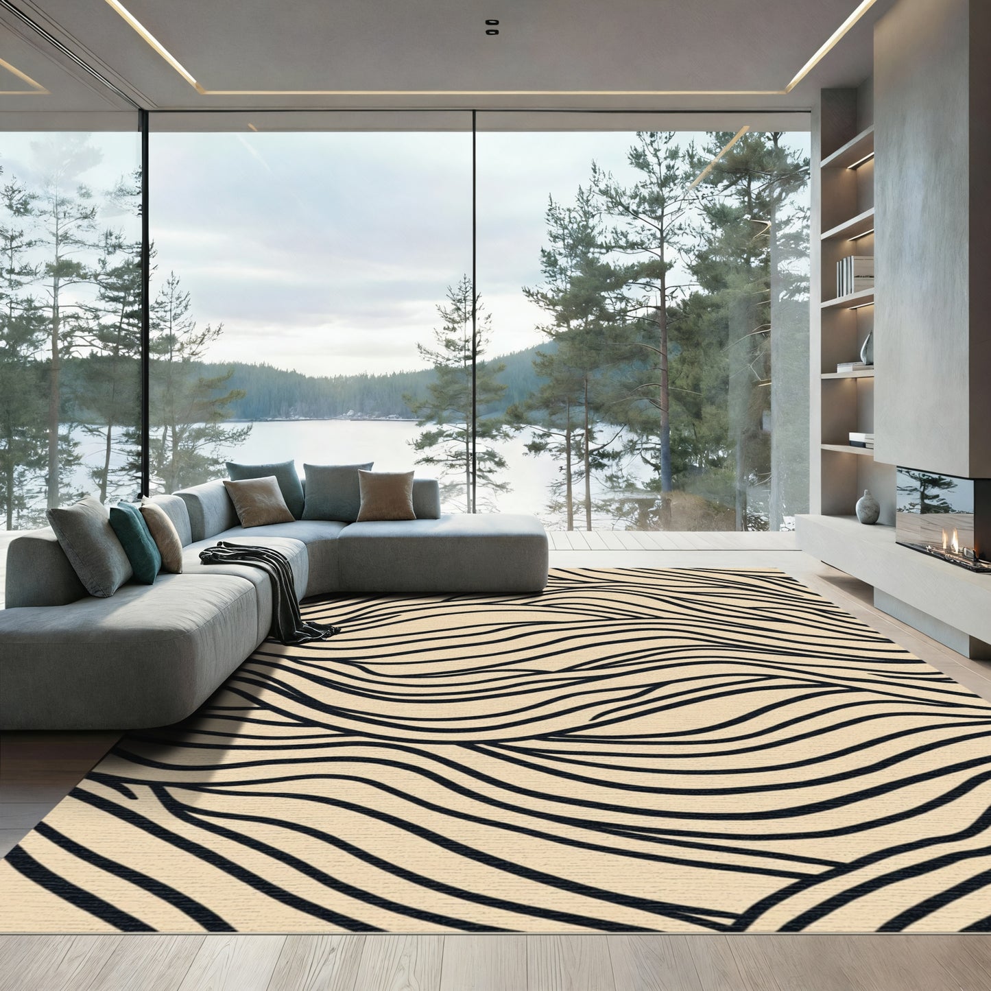 Cream Black Wavy Lines Rug