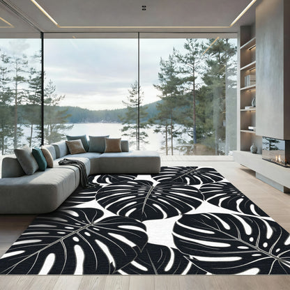 Monstera Leaves Black White Overlay Rug