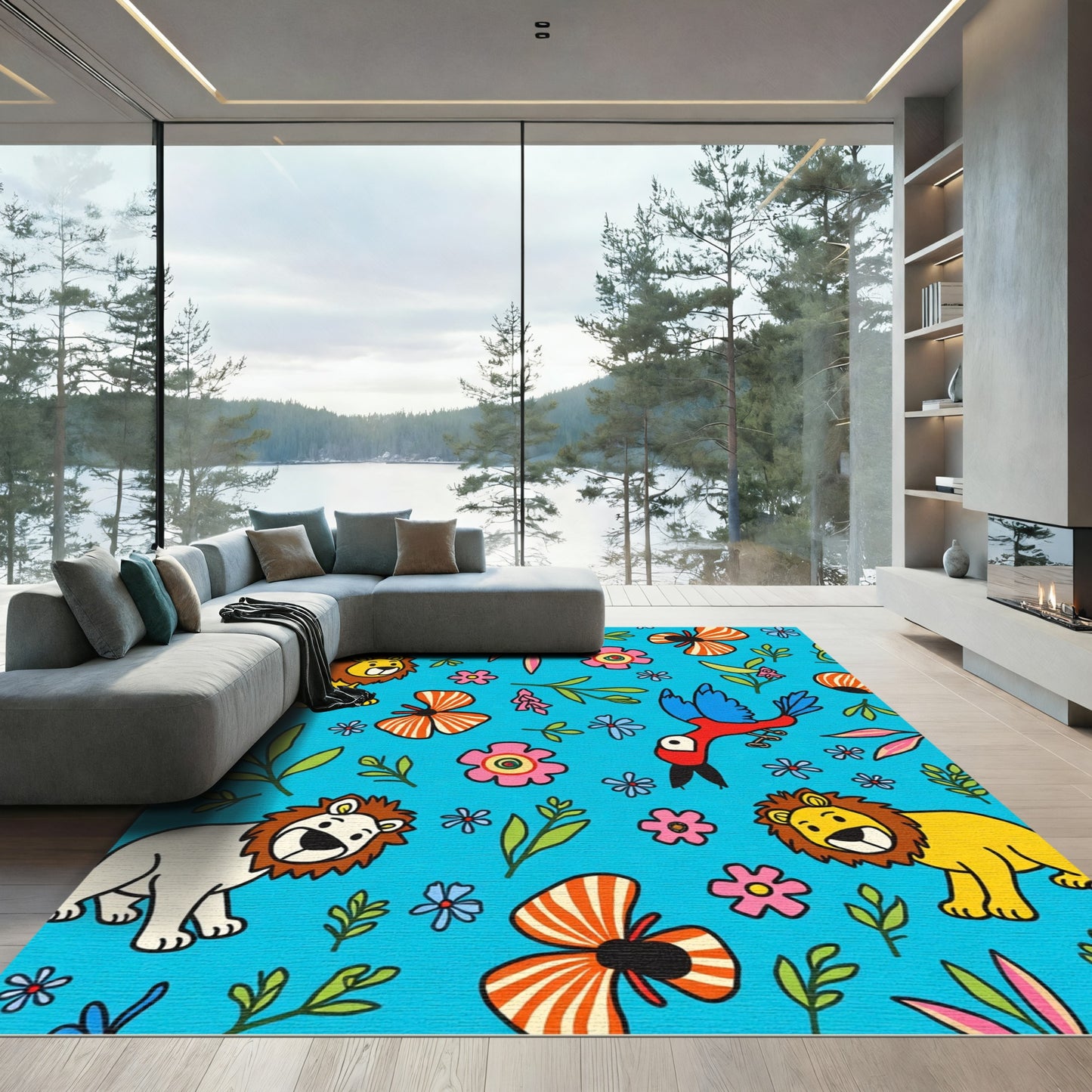 Jungle Safari Whimsical Lions Butterflies Birds Rug