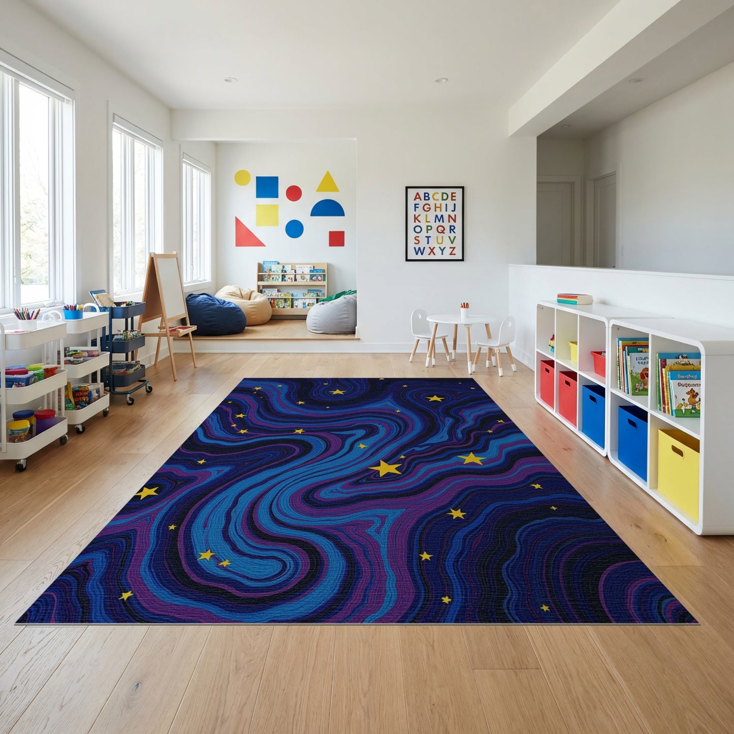 Swirling Yellow Stars Deep Blue Rug 2