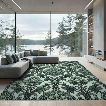 Vintage Teal Floral Scroll Damask Rug