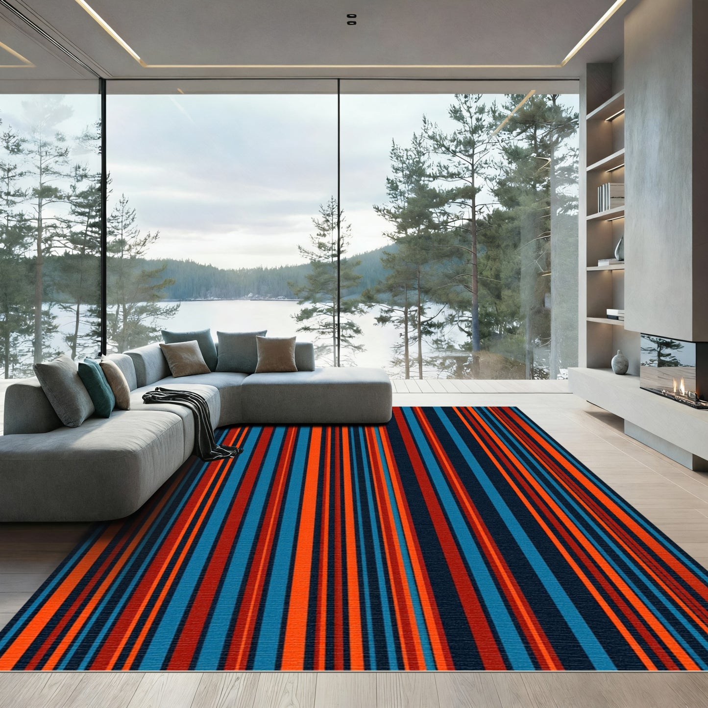 Bold Red Blue Vertical Stripe Rug
