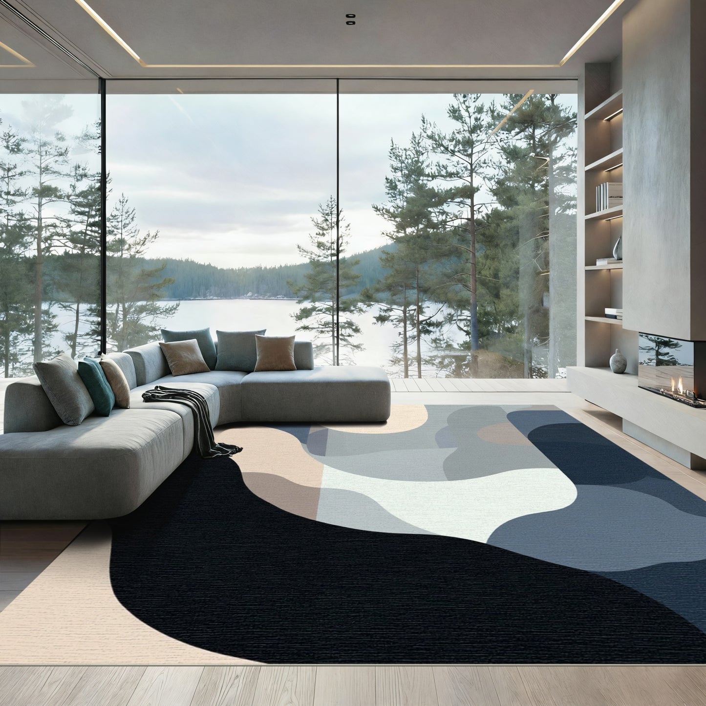 Abstract Organic Forms Blue Beige Rug