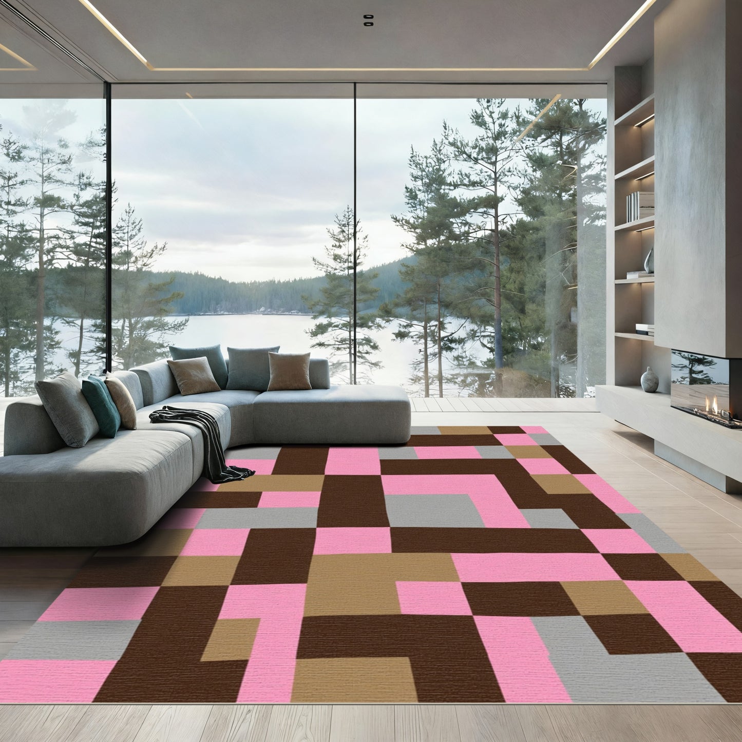 Pink Brown Gray Block Composition Rug