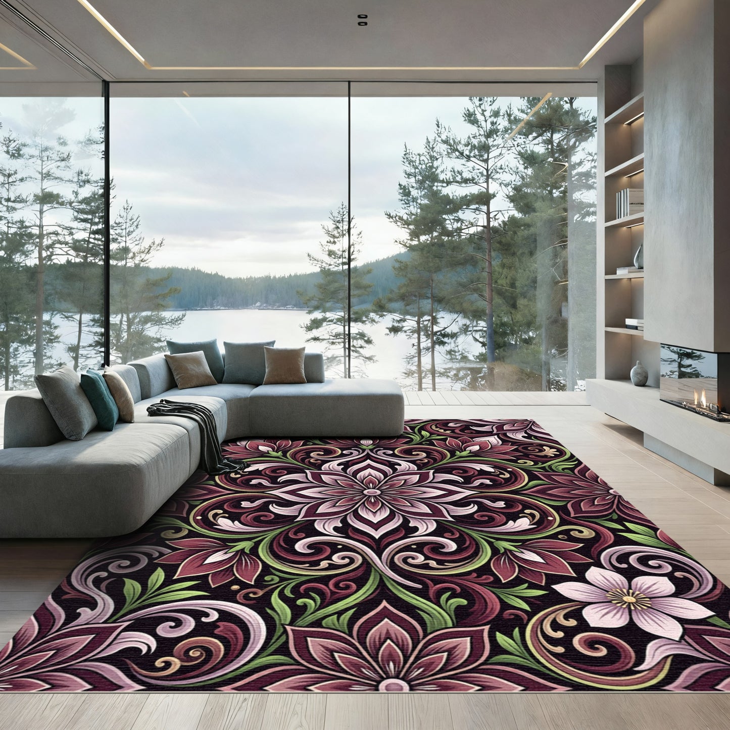 Elegant Mauve Floral Damask Swirl Rug