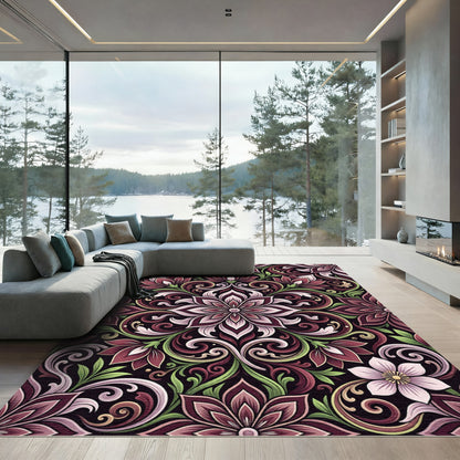 Elegant Mauve Floral Damask Swirl Rug