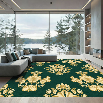 Golden Floral Medallion Emerald Damask Rug