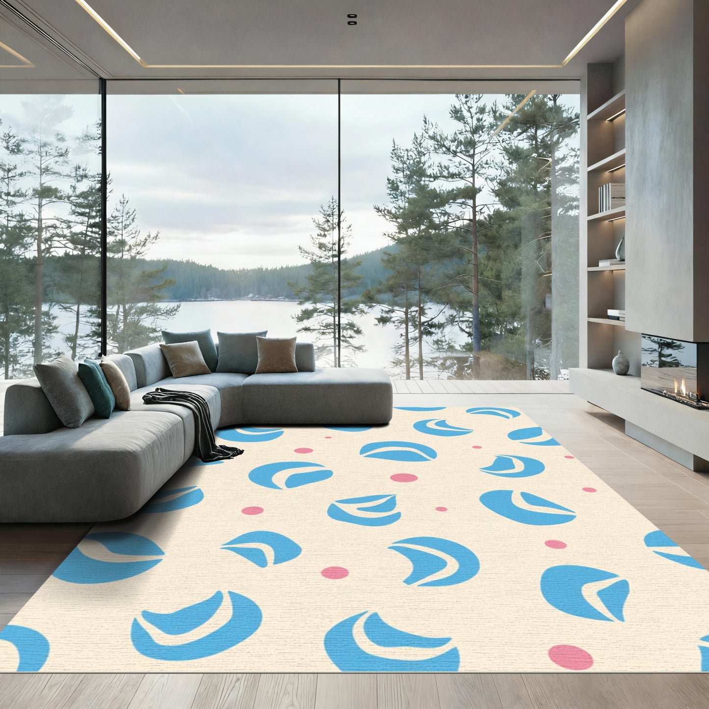 Pastel Blue Abstract Shapes Dots Runner Rug