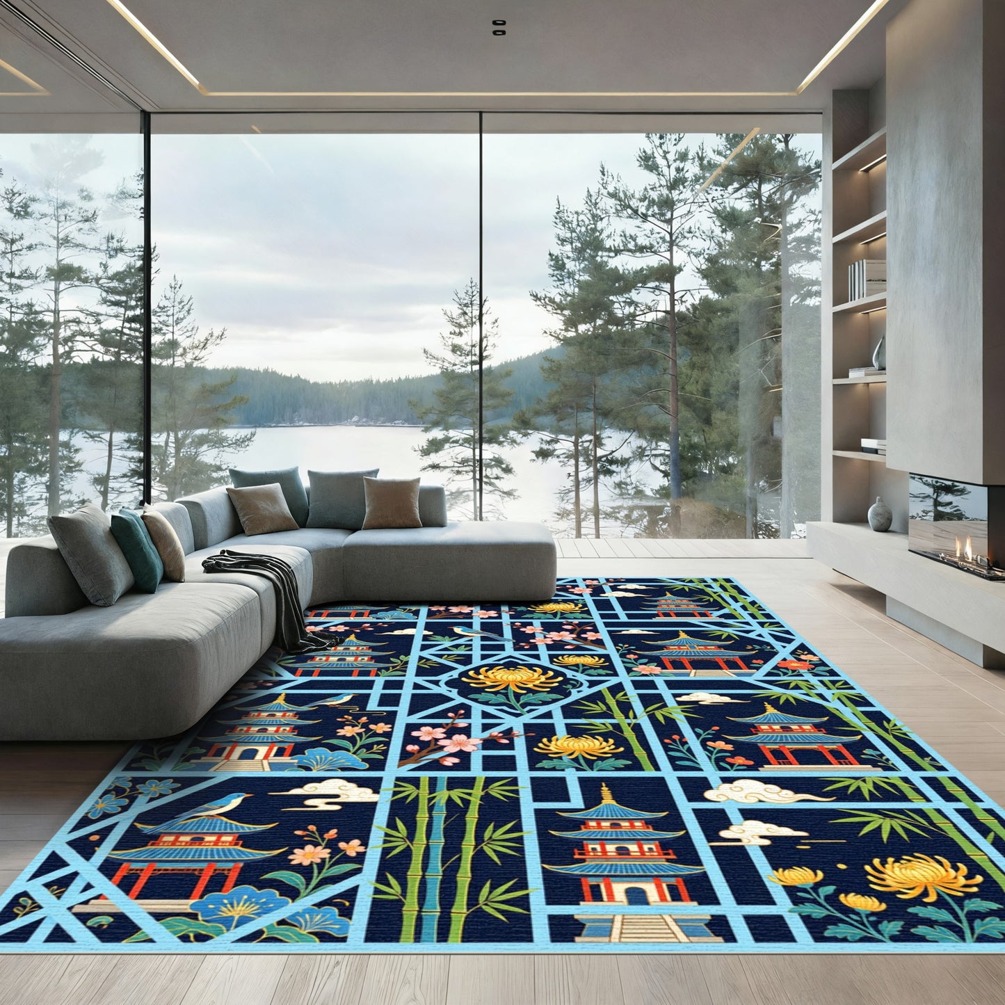 Blue Pagoda Blossom Bamboo Garden Rug