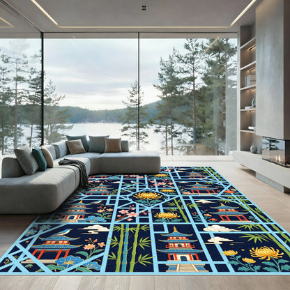 Blue Pagoda Blossom Bamboo Garden Rug