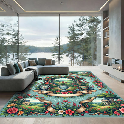Romantic Garden Arch Red Floral Birds Rug