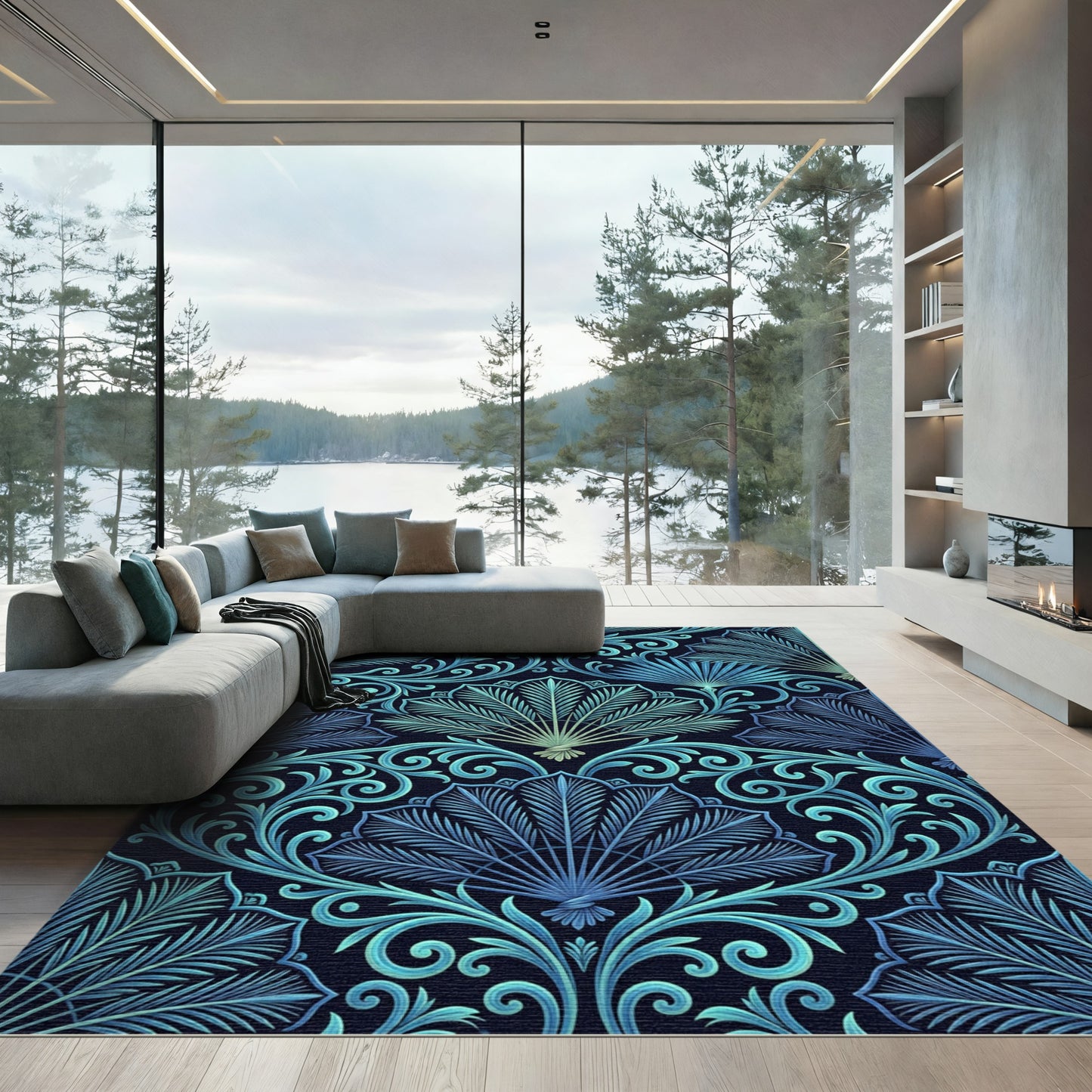 Art Nouveau Blue Tropical Fan Rug