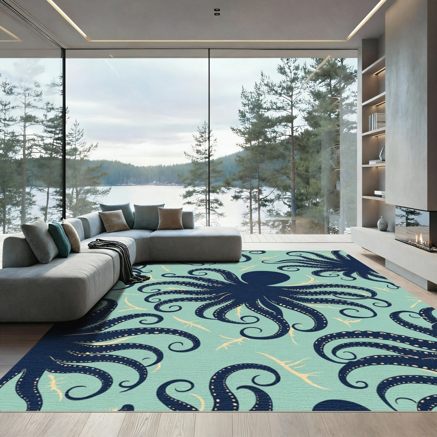 Deep Blue Octopus Aqua Pattern Rug