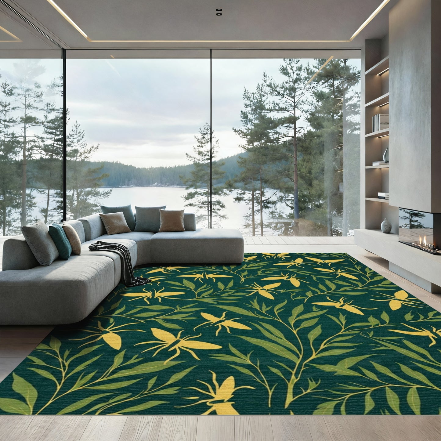 Golden Insects Green Foliage Rug
