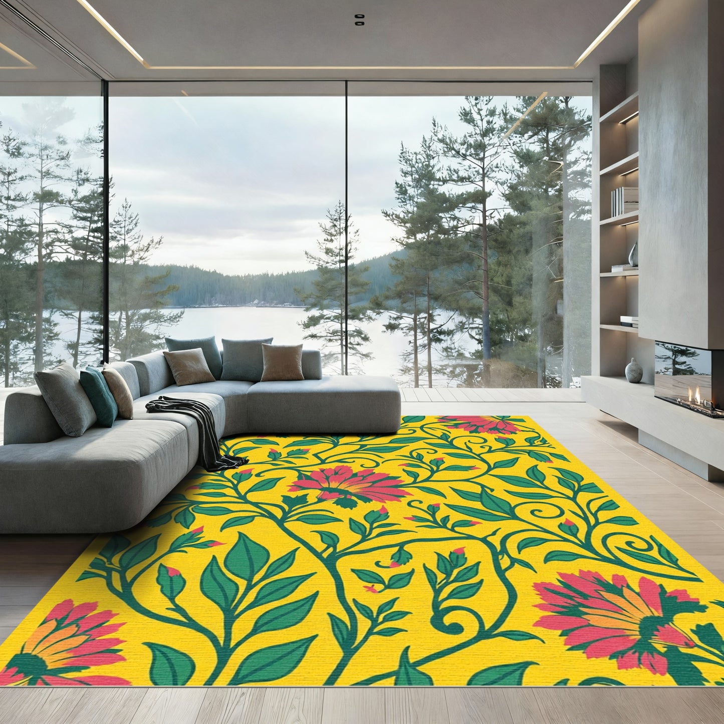 Vibrant Yellow Floral Vine Composition Rug