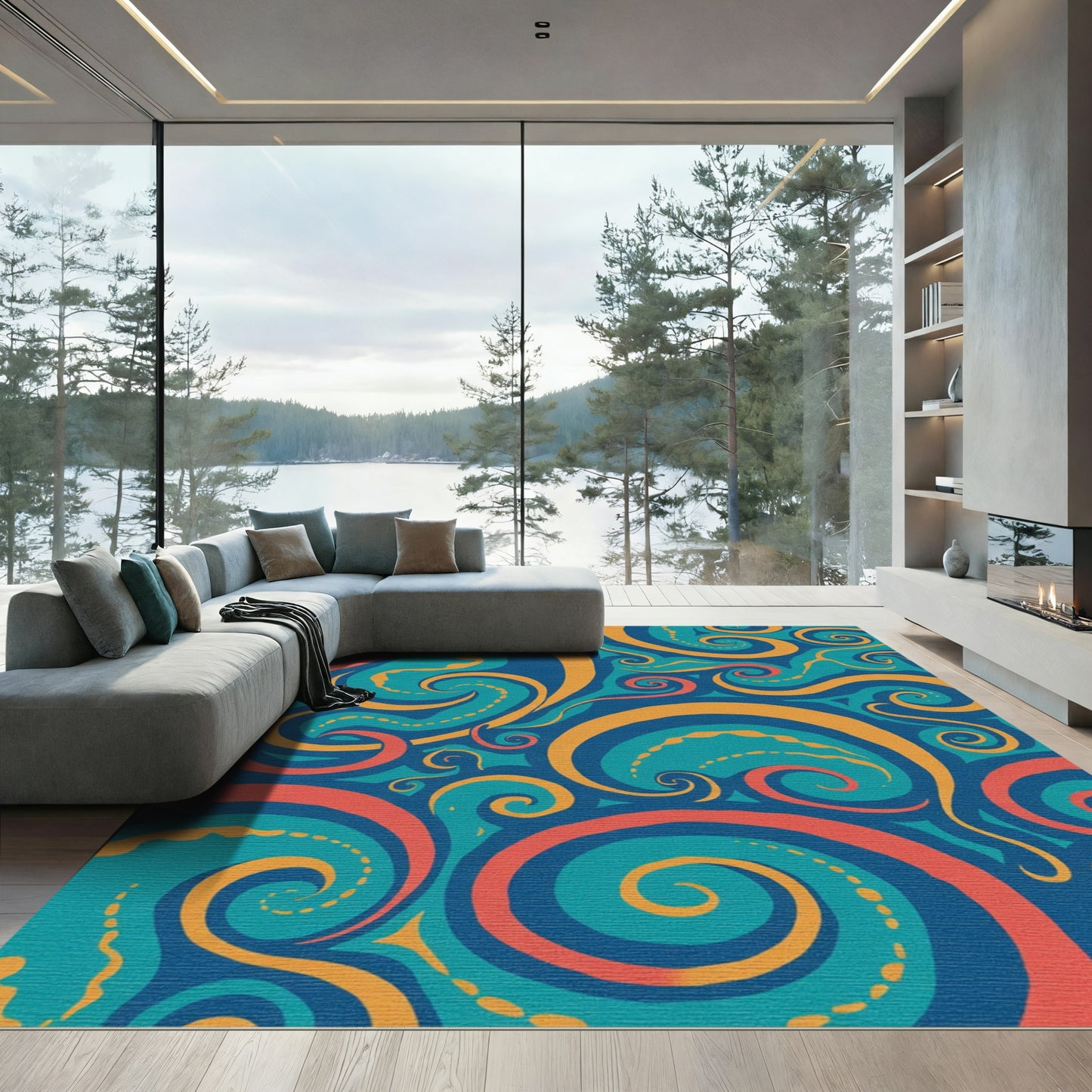 Teal Orange Coral Swirling Spiral Rug
