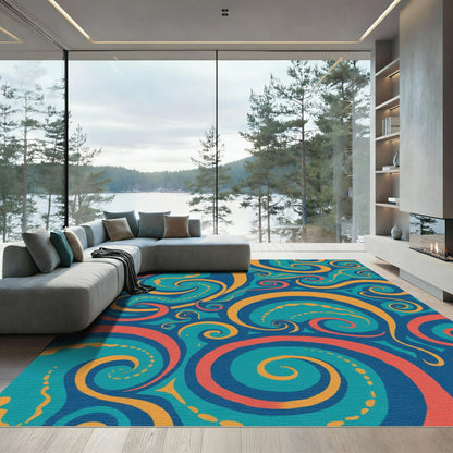 Teal Orange Coral Swirling Spiral Rug