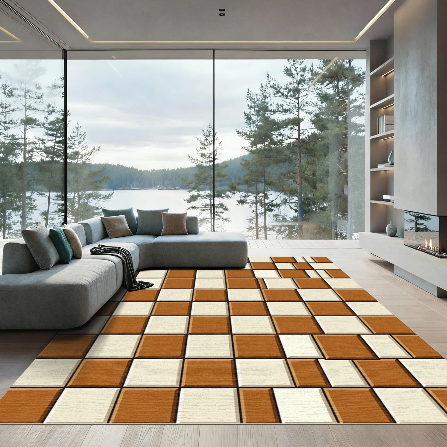 Brown Cream Geometric Tiled Rug