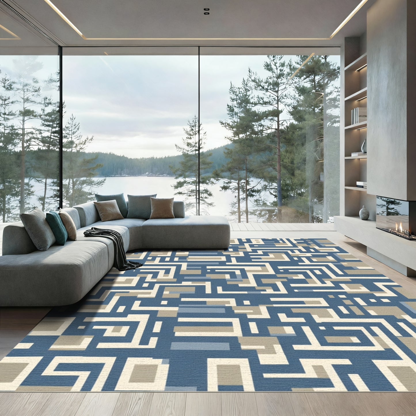 Blue Tan Geometric Maze Rug