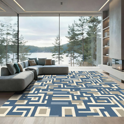 Blue Tan Geometric Maze Rug