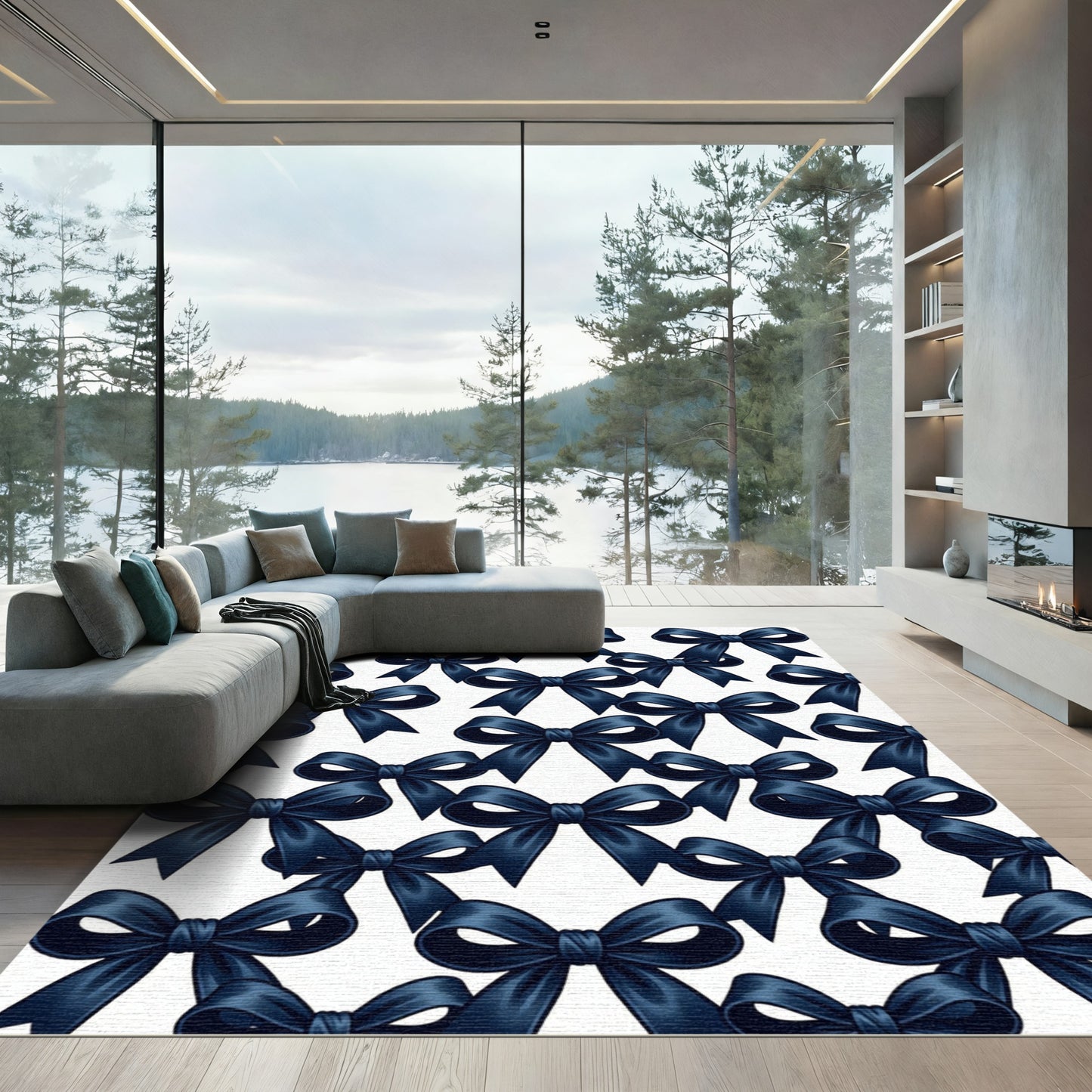 Elegant Navy Blue Ribbon Bows Rug