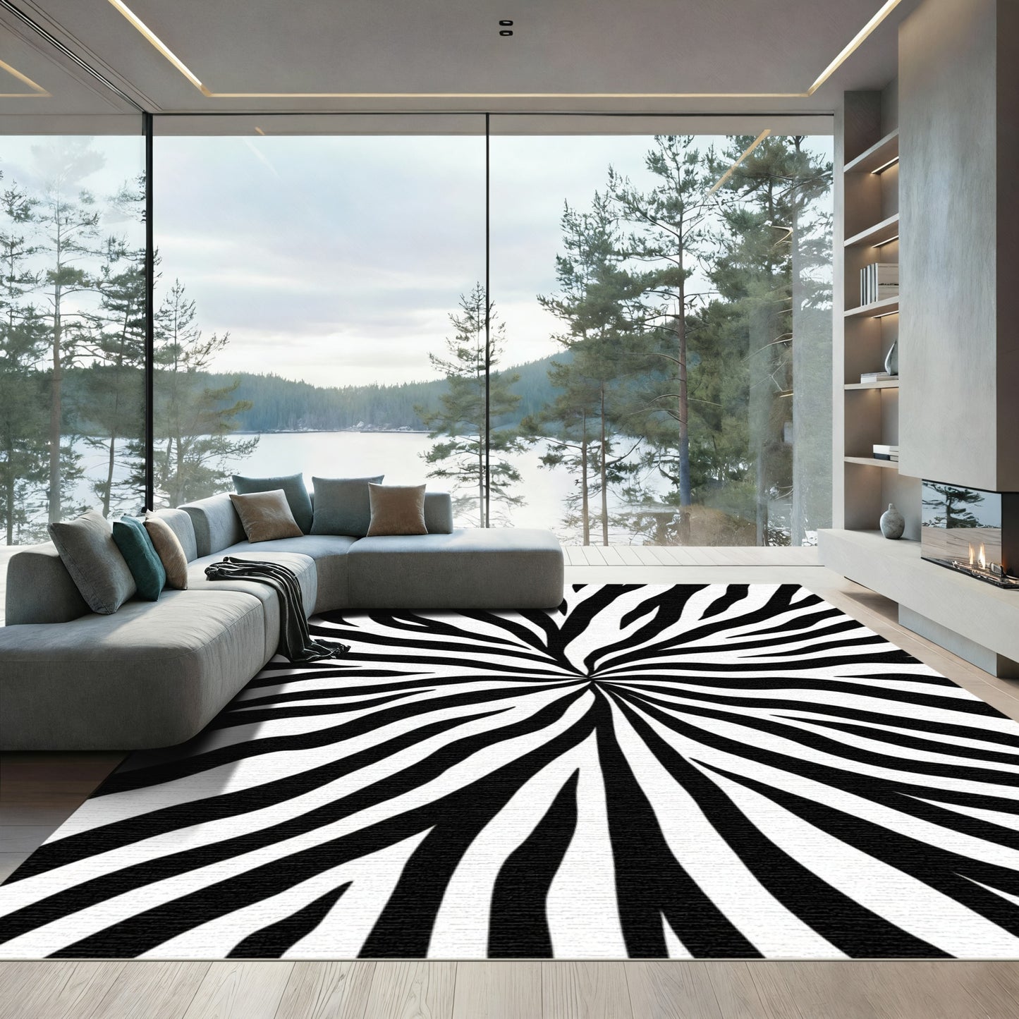 Black White Burst Zebra Stripe Rug