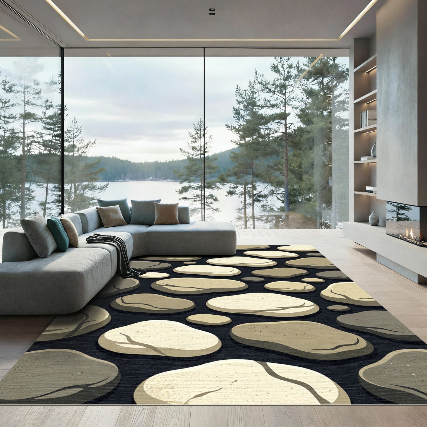 Neutral Stone Pebble Mosaic Art Rug