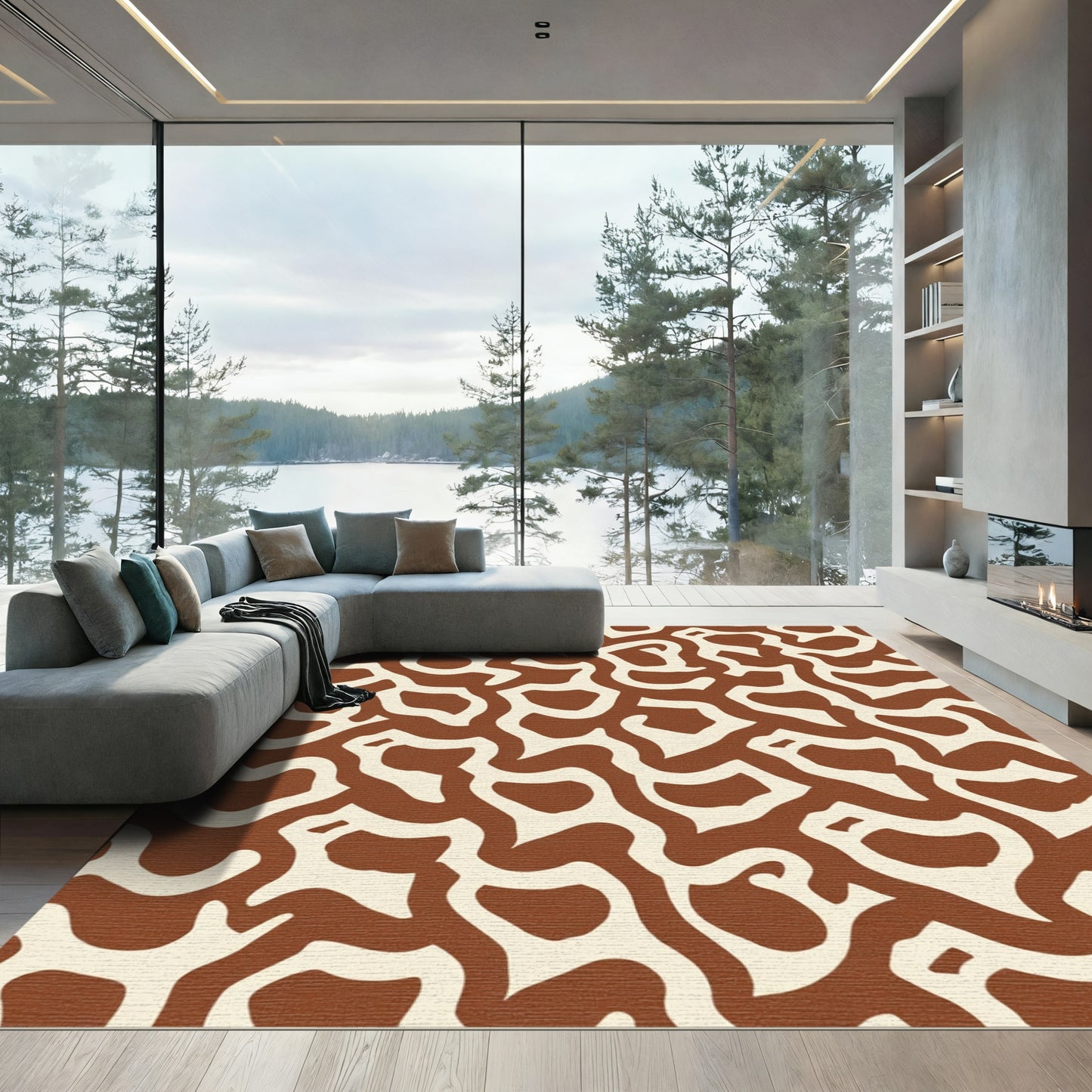 Brown Cream Abstract Organic Shapes Rug