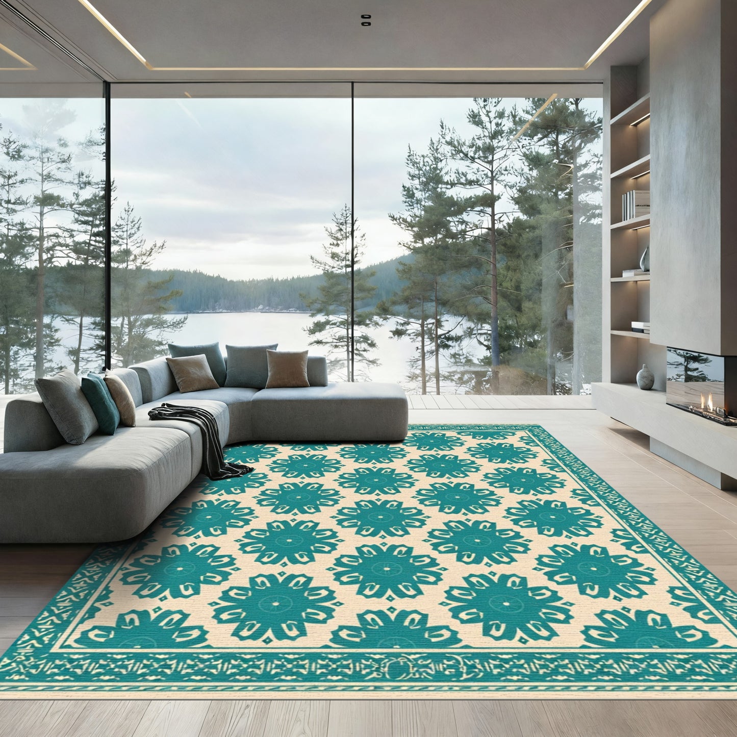 Teal Floral Medallion Cream Background Rug