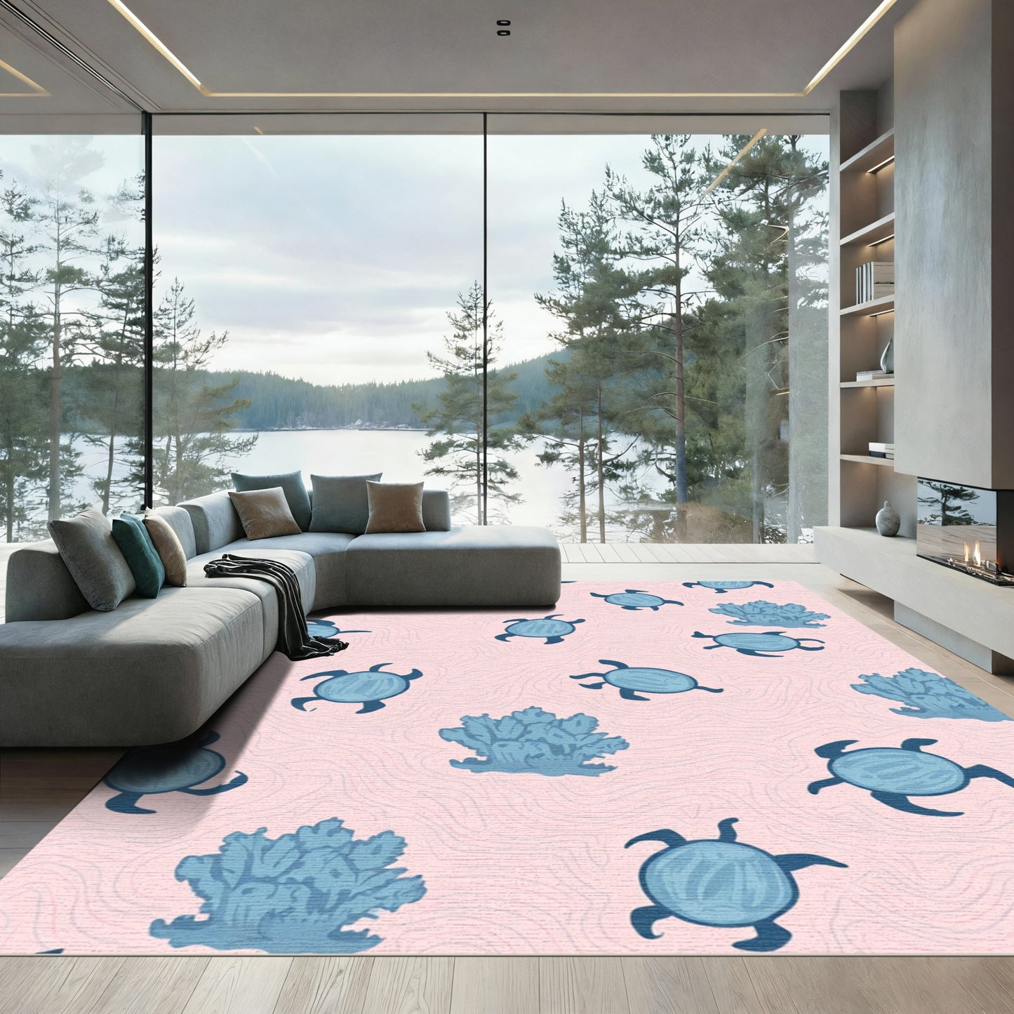 Blue Turtle Coral Pink Waves Rug