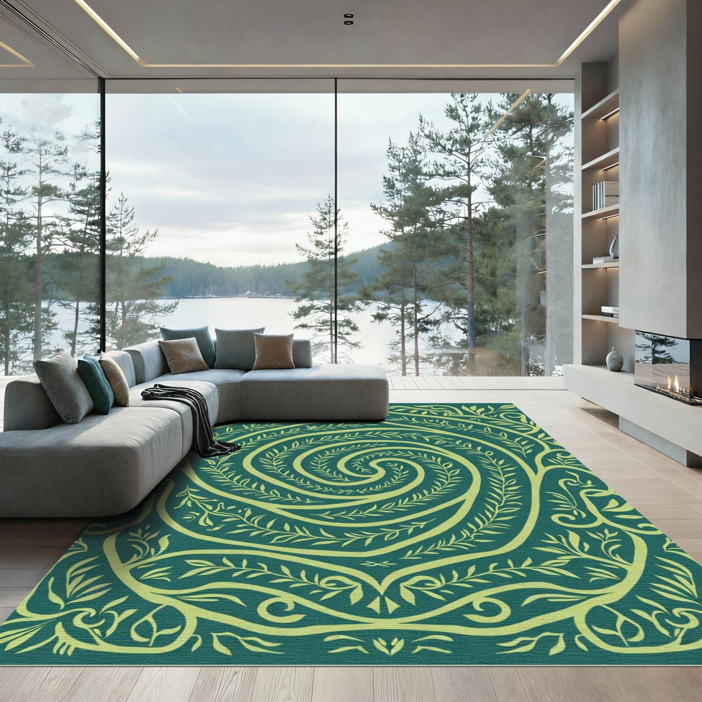 Teal Yellow Swirling Vine Mandalat Rug